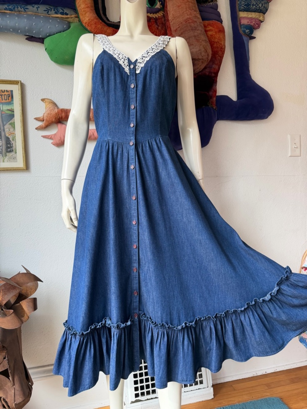 Vintage GUNNE SAX Dark Denim Sundress Dress Midi Size 13 Full Skirt Prairie Blue - Picture 3 of 8